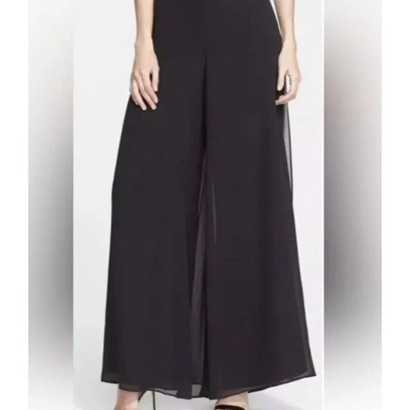 St. John Evening 100% Silk Chiffon Overlay Pants Wide-Leg Slit Black Size 12 - Picture 3 of 16